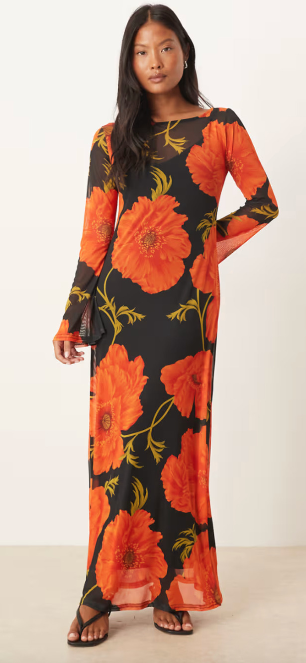 Never Fully Dressed long sleeve mesh maxi dress in poppy print 8